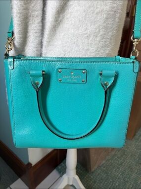 kate spade crossbody bag  satchel  Leather turquoise 3 compartment  gold tone